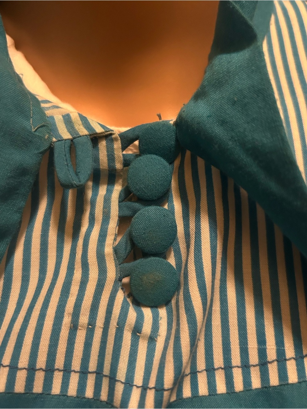 Blue Vintage-Long Sleeve Button Front house dress night gown button up neck tie - Picture 4 of 6